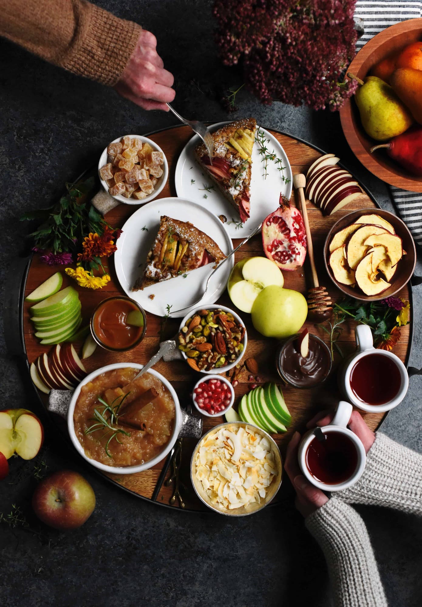 Overhead of circular tray with fall foods