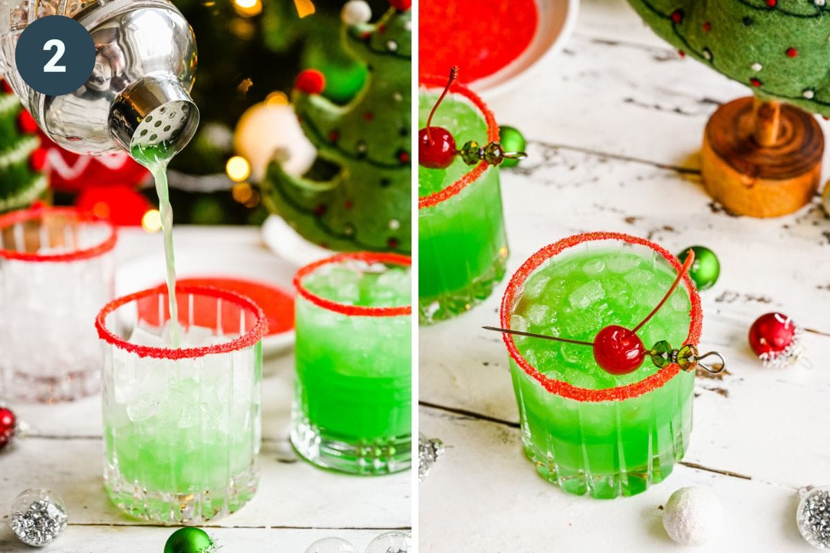 Left: pouring the cocktail over glass. Right: finished cocktails.