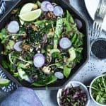 Overhead of stir fry in a cast iron pan