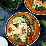Overhead of fire roasted tomato soup with tortilla strips and avocado