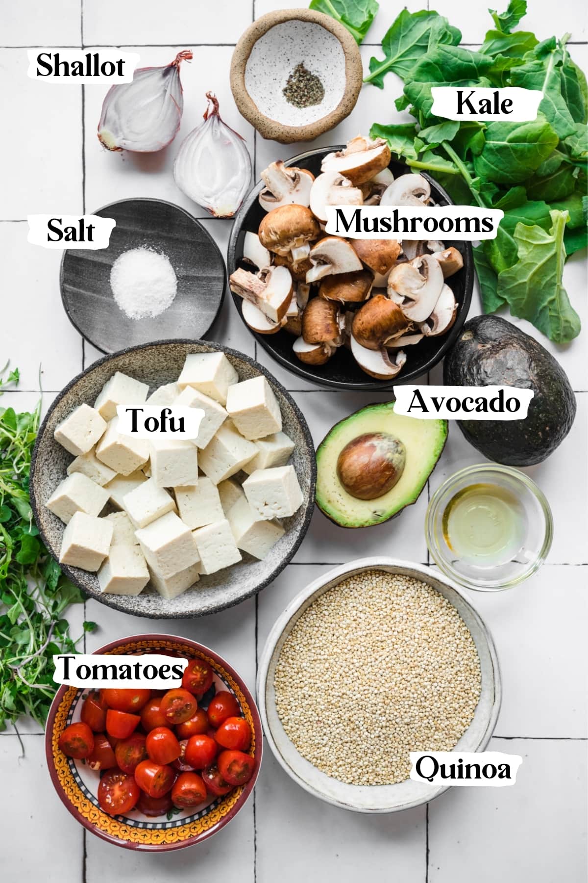 overhead view of ingredients for savory quinoa breakfast bowls. 