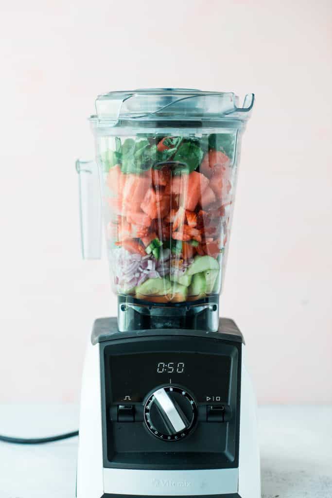 Strawberry Watermelon Gazpacho ingredients in a blender