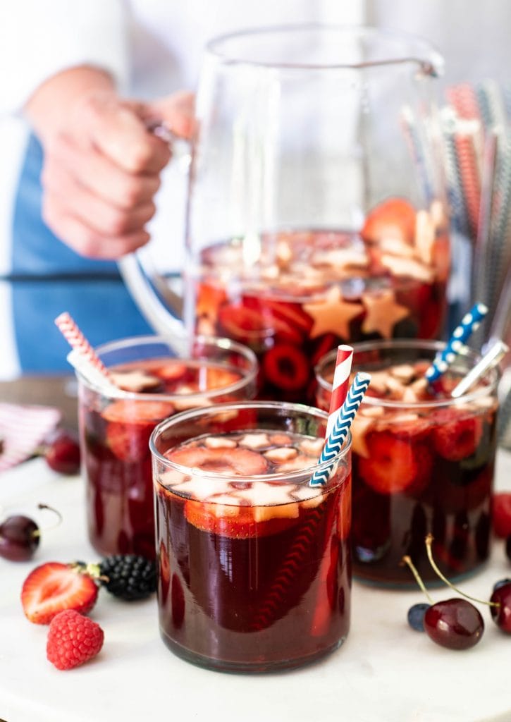 Side view of red, white and blue sangria