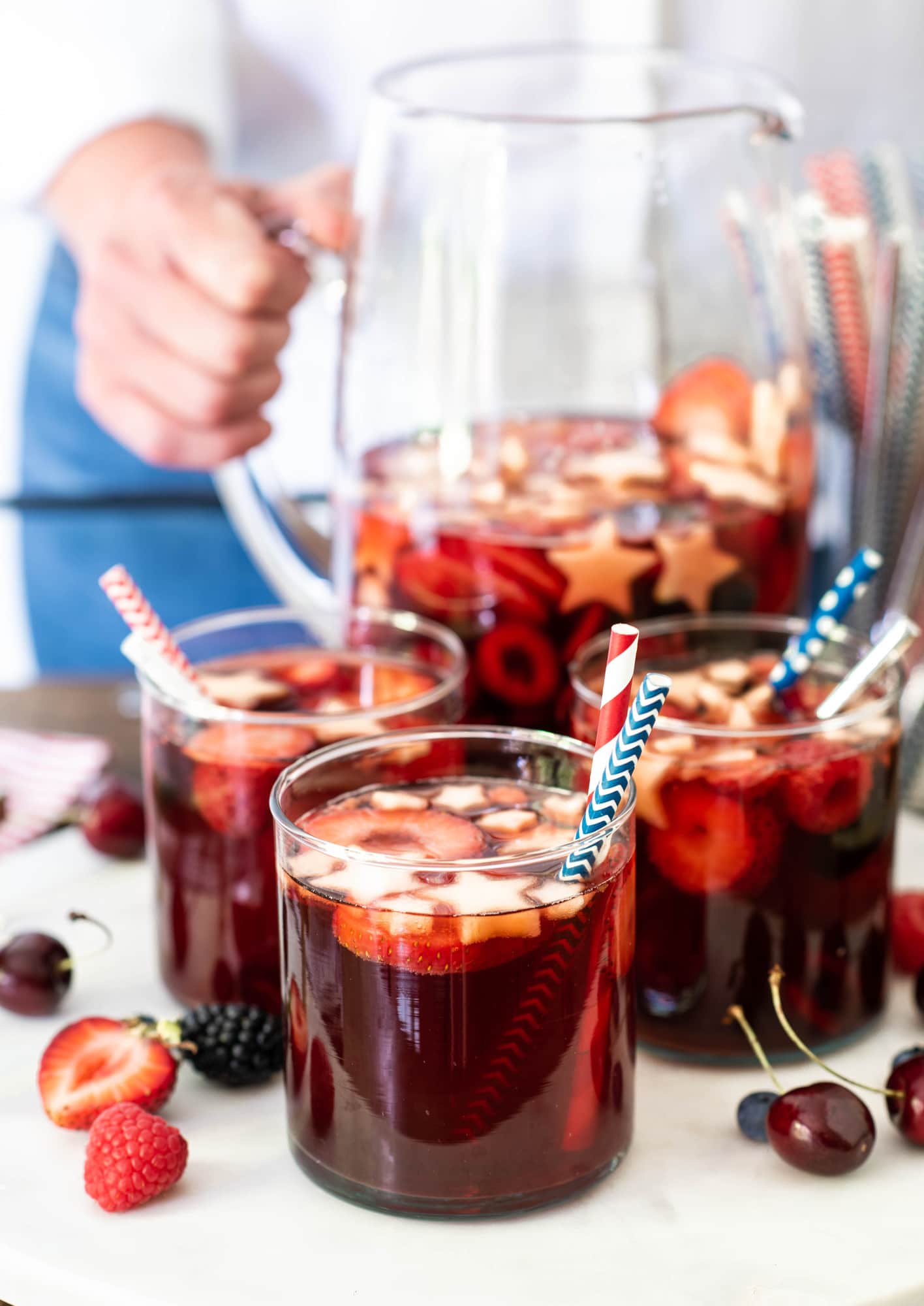 Side view of red, white and blue sangria