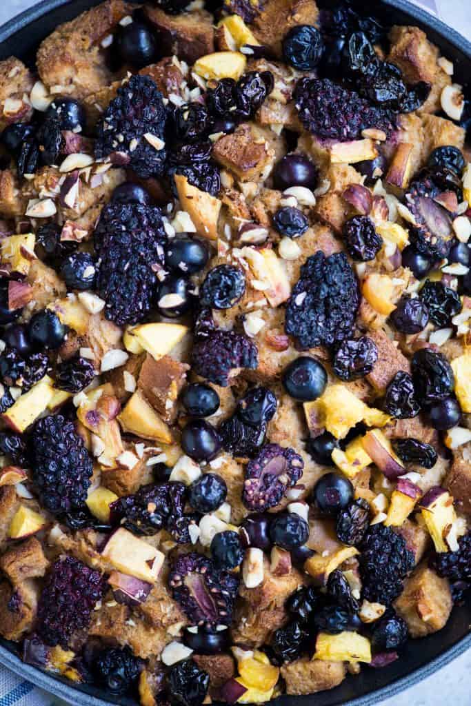 Close up of baked blueberry nectarine bread pudding