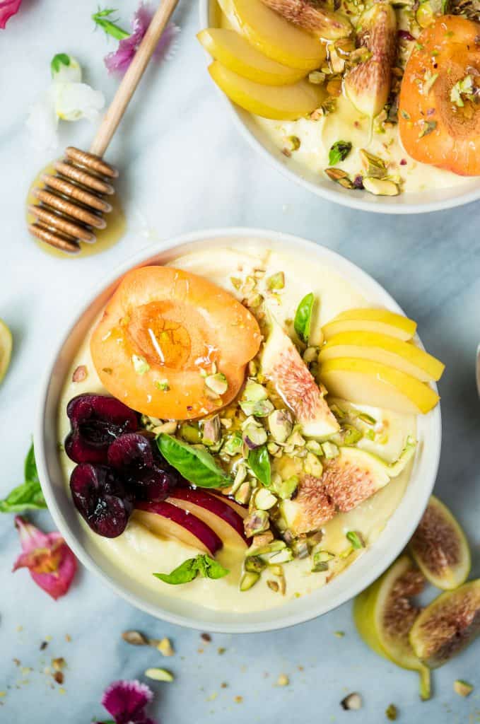 Overhead of vegan peach coconut yogurt bowl