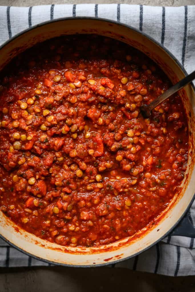 Overhead of vegan bolognese sauce in sauce pot