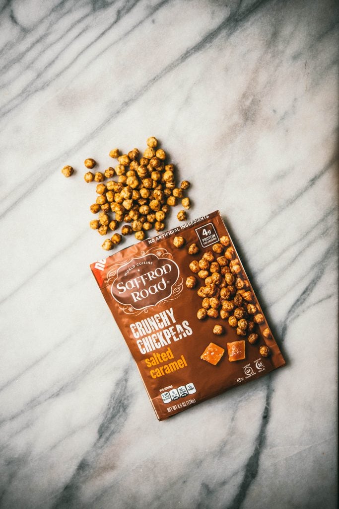 Saffron Road Salted Caramel Crunchy Chickpeas on marble surface