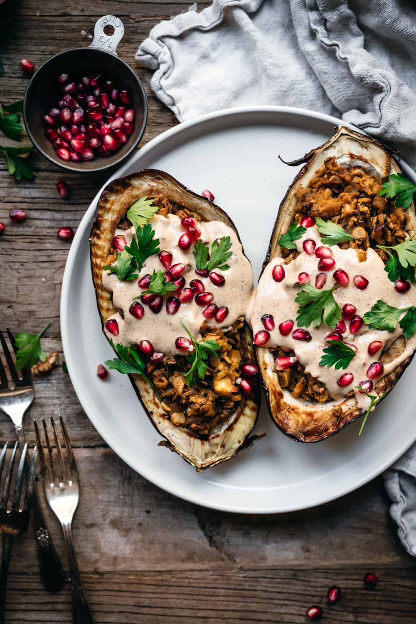 Lentil Stuffed Eggplant Boats with Tahini Sauce Crowded Kitchen