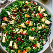 Close up of finished kale salad in bowl.