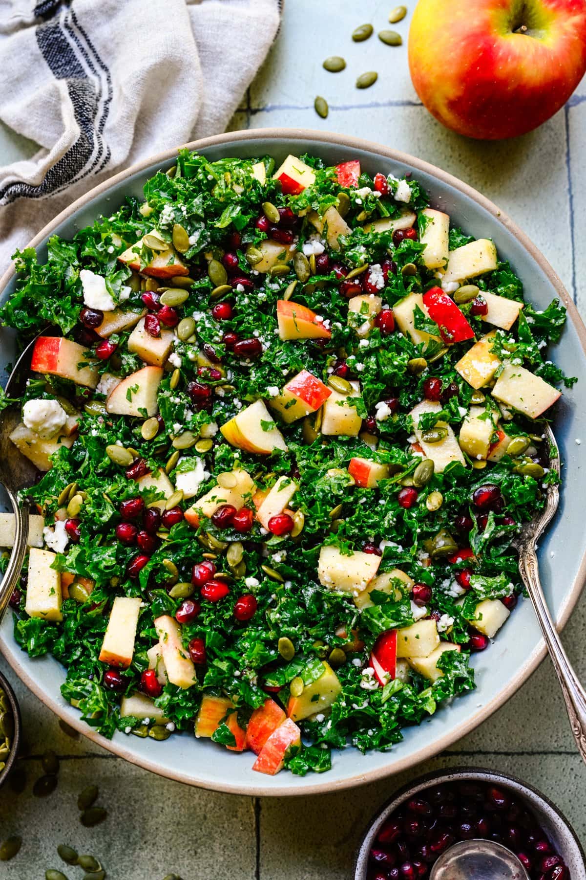 Close up of finished kale salad in bowl.