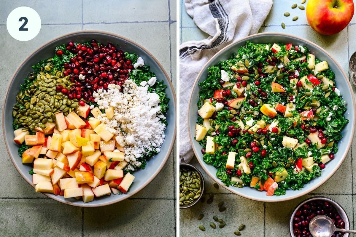 Left: salad ingredients prior to mixing. Right: finished kale salad.