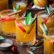 Front view of apple cider margarita garnished with apple slices and cinnamon.