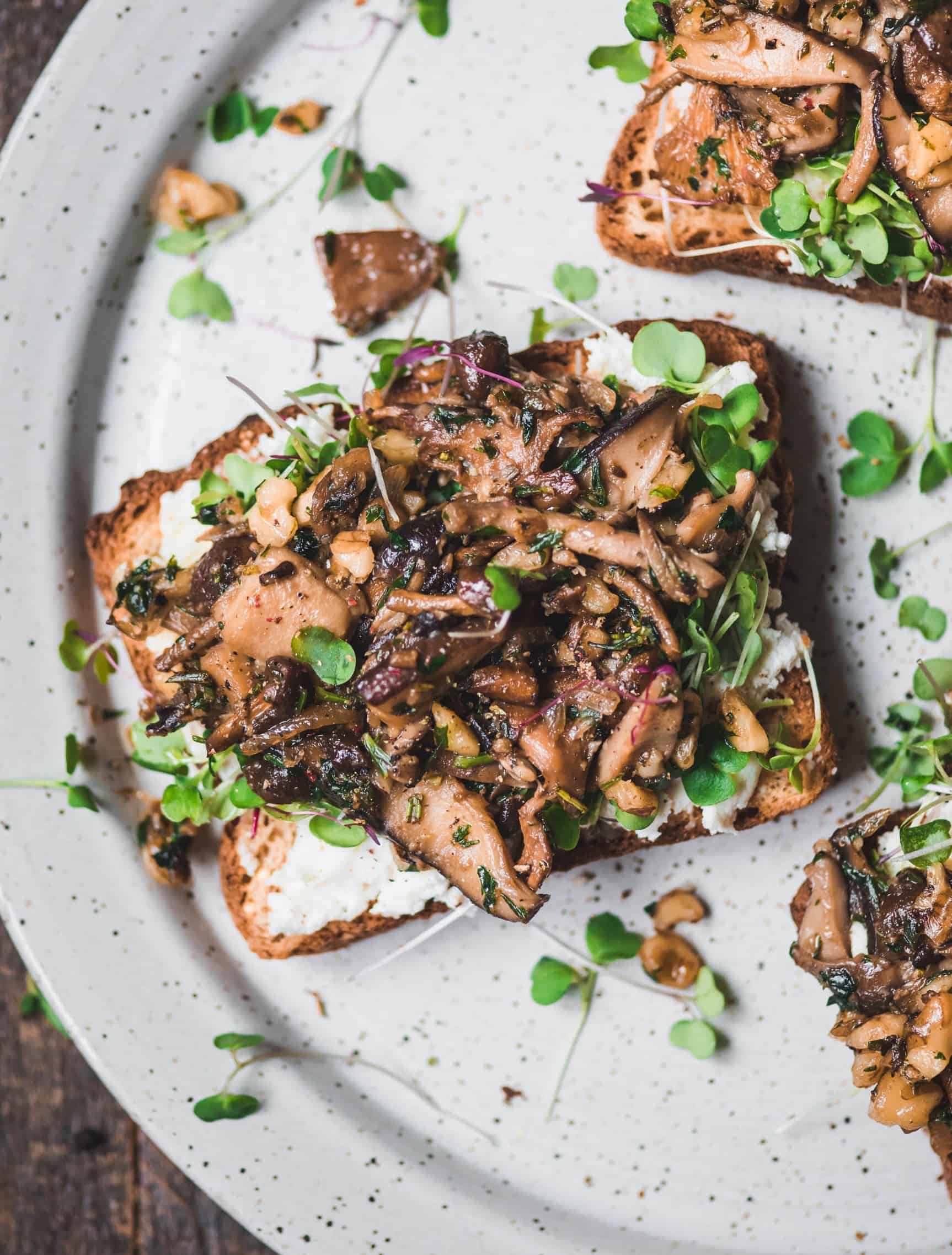 Close up of toast topped with ricotta, sauteed mushrooms and microgreens on a white plate