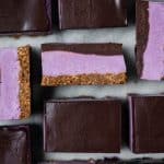 Overheard of purple sweet potato cheesecake bars with chocolate ganache