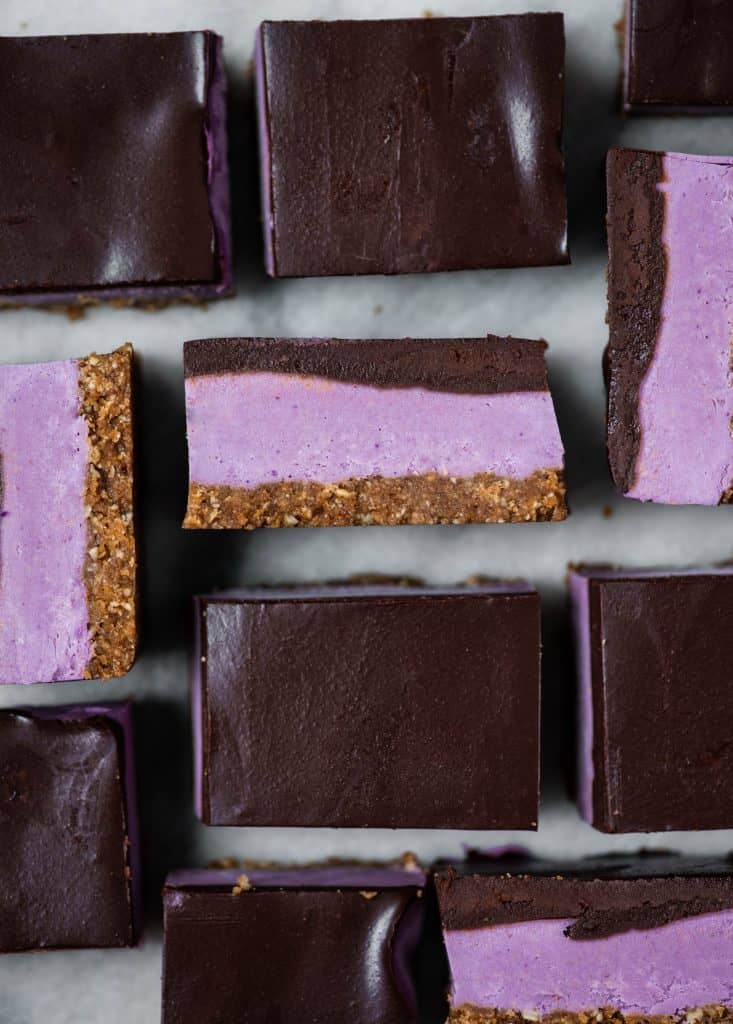 Overheard of purple sweet potato cheesecake bars with chocolate ganache