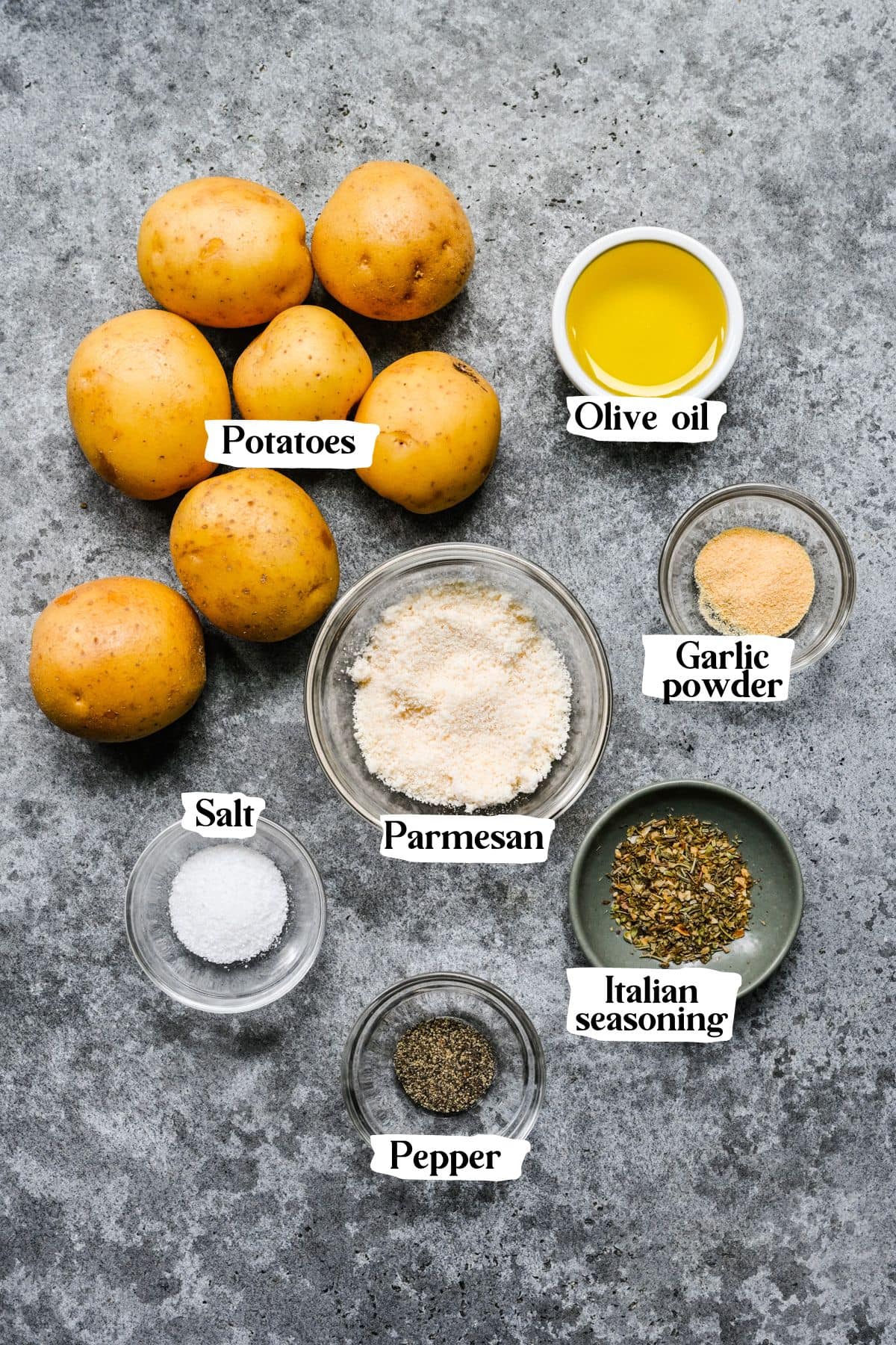 Air-fryer smashed potato ingredients including potatoes and parmesan.