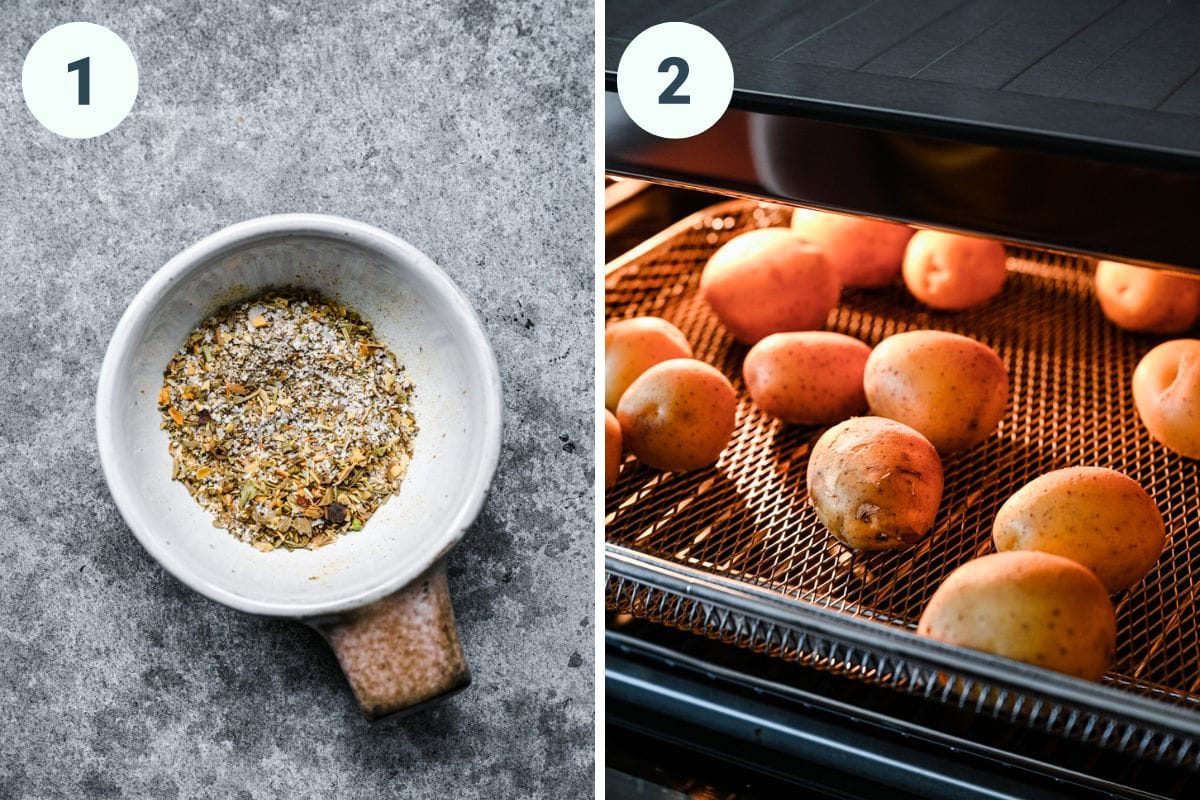Left: mixing spices together. Right: roasting potatoes.