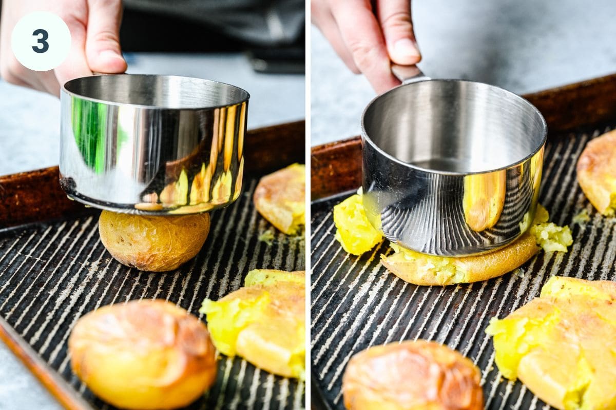 Smashing the potatoes with a measuring cup.