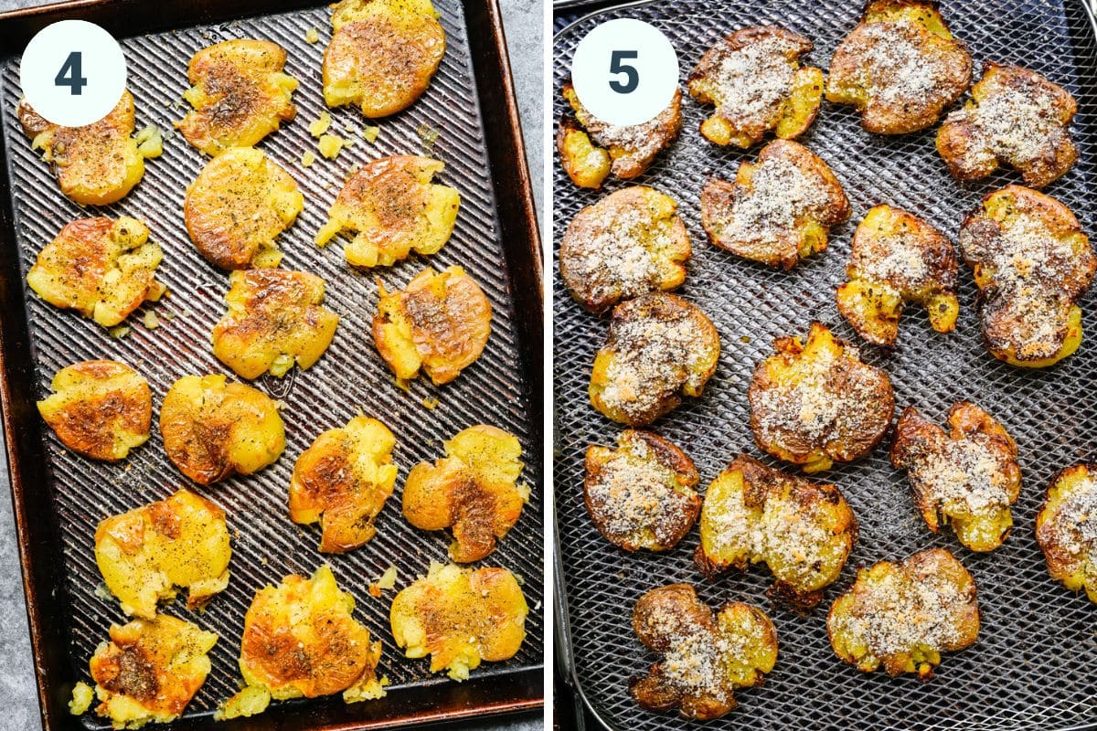 Left: potatoes with oil and spices. Right: finished potatoes with parmesan.