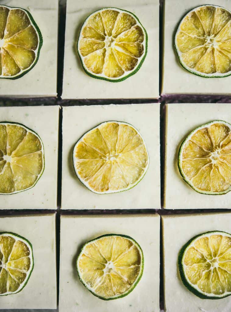 Close up of coconut lime cheesecake bars topped with slices of lime