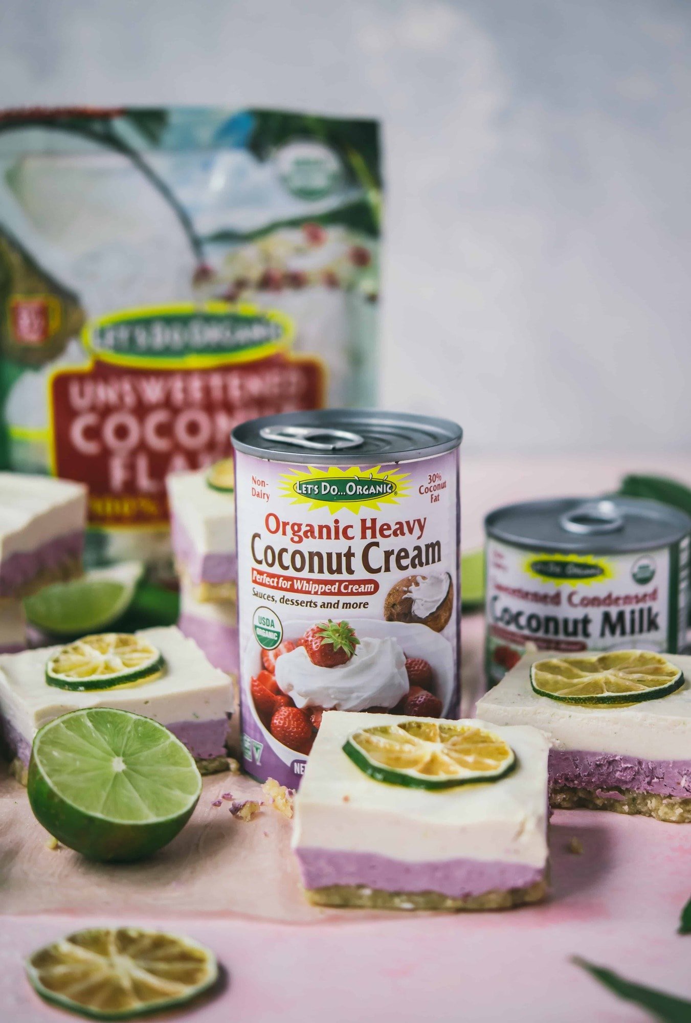 Let's Do Organic Heavy Coconut Cream next to a coconut lime cheesecake bar