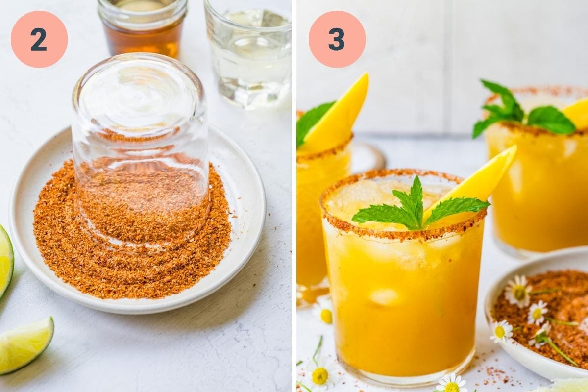 On the left: adding tajin to rim. On the right: finished cocktail.