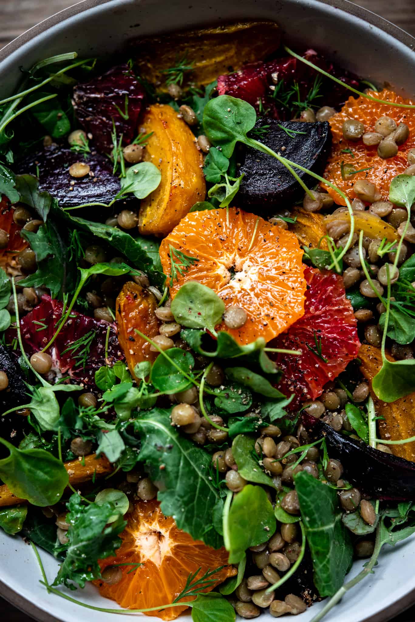 Close up overhead view of citrus lentil beet salad