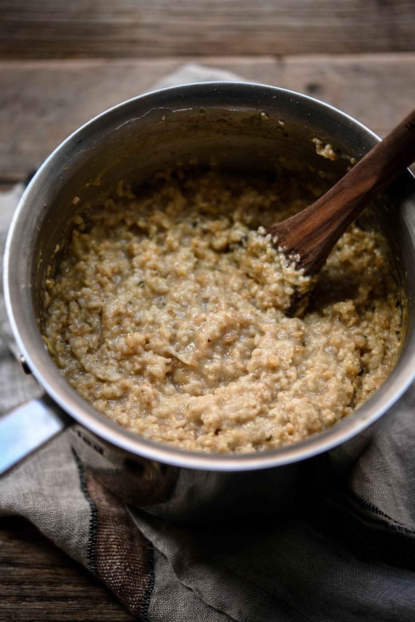 Close up of vegan steel cut oatmeal in a pan