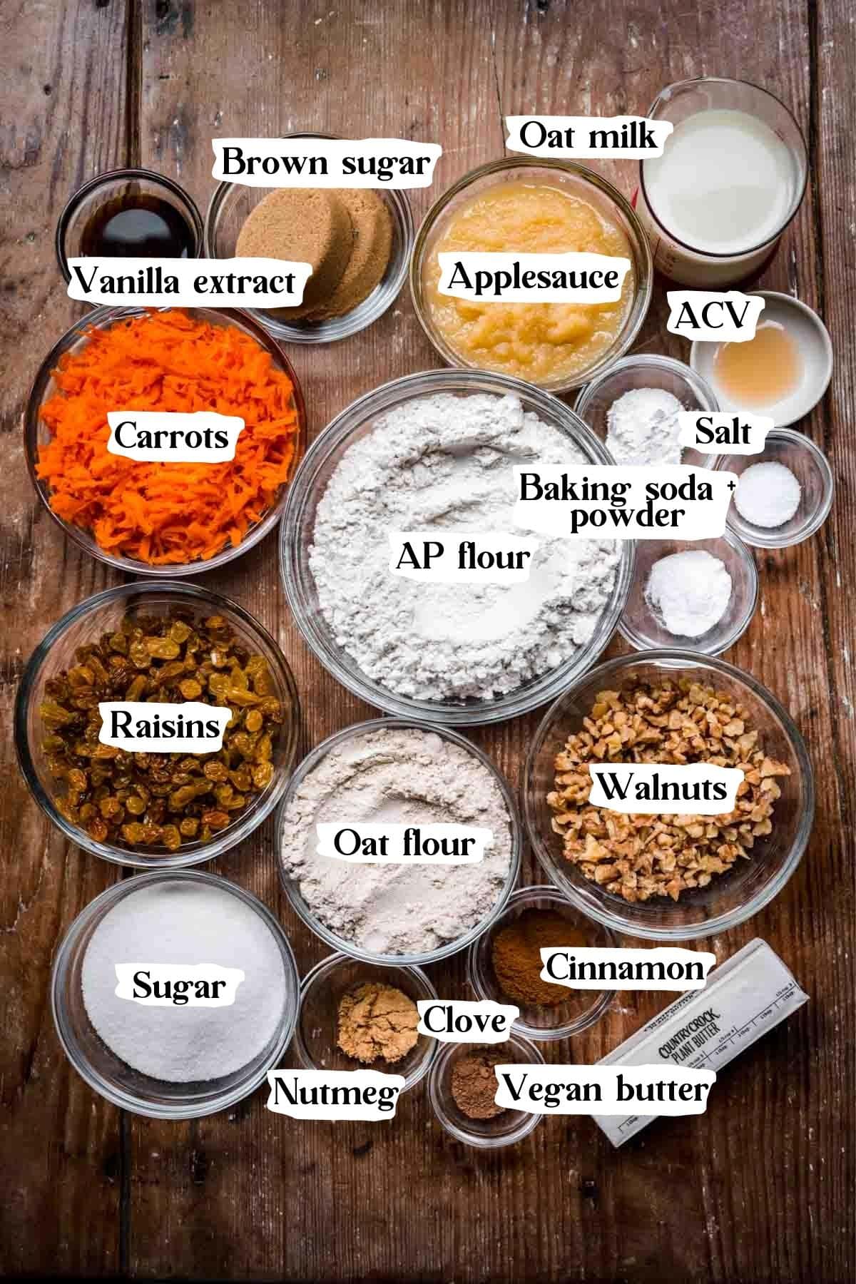 Overhead view of vegan carrot cake cupcake ingredients.