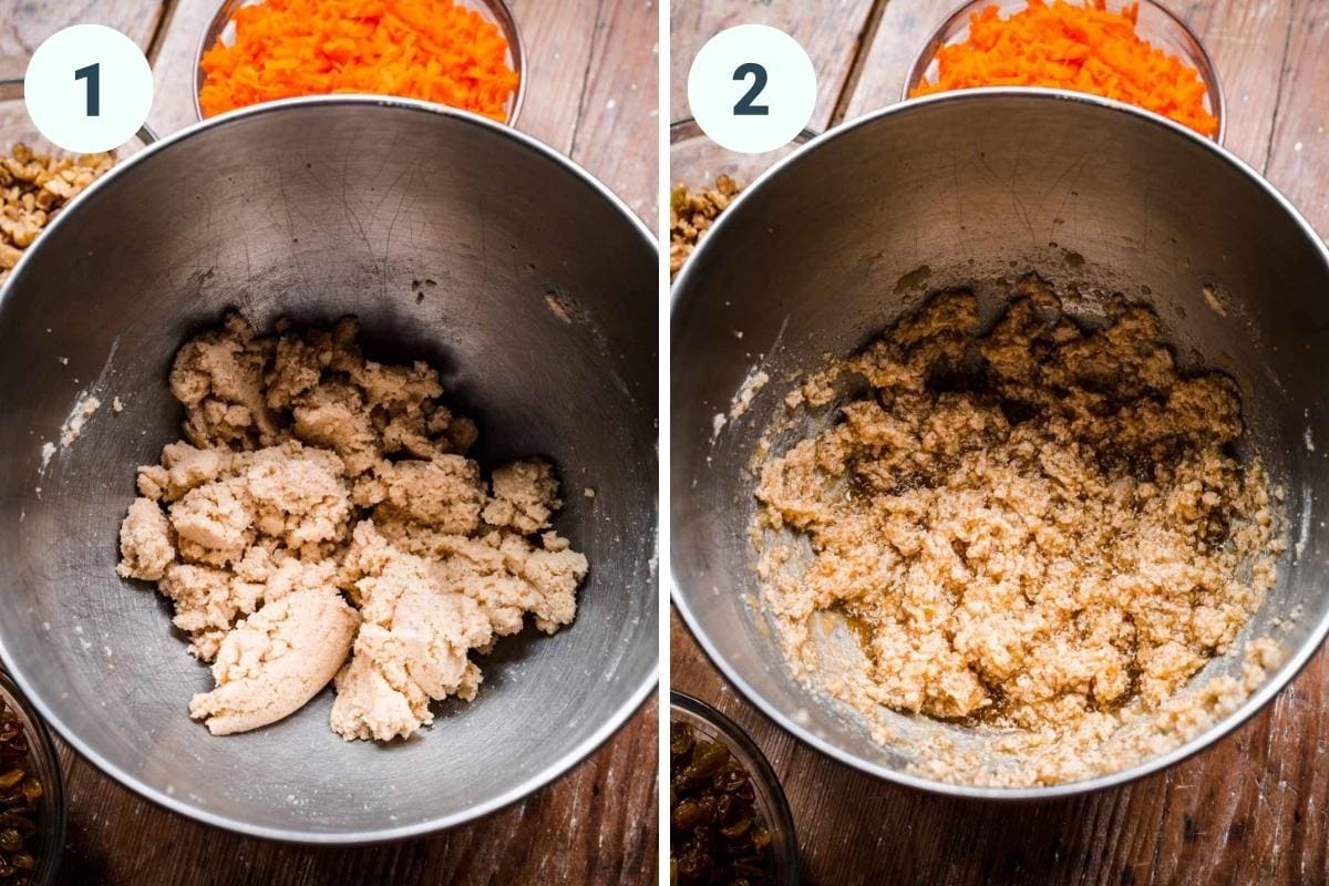 On the left: creaming butter and sugar. On the right: adding applesauce.