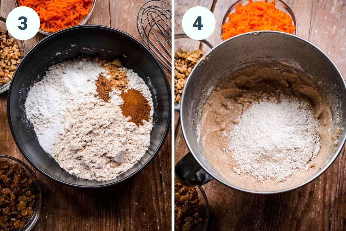 On the left: stirring together dry ingredients. On the right: adding half of the dry ingredients to the wet ingredients.