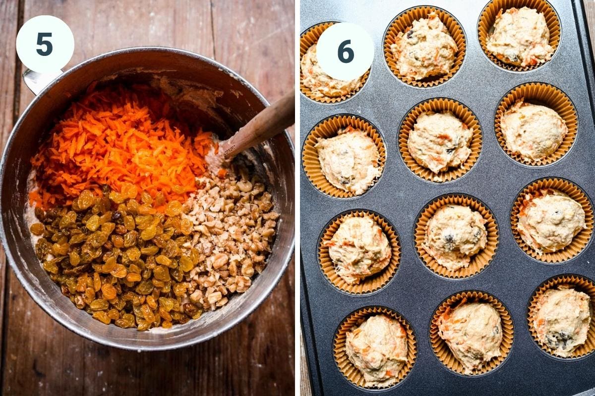 On the left: stirring in carrots walnuts and raisins. On the right: adding batter to muffin tin.