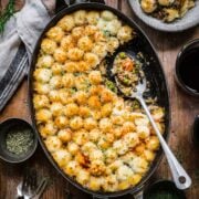 Overhead view of shepherd's pie with a scoop taken out.