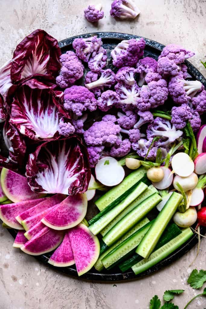 Overhead of beautiful raw vegetables for crudite platter