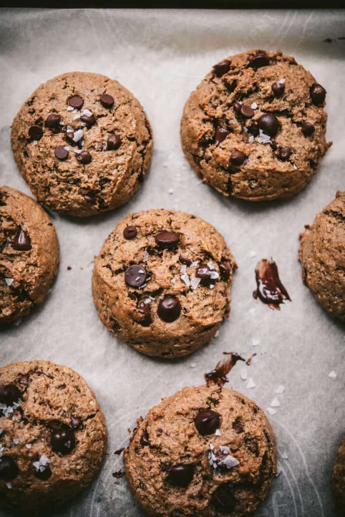 Overhead of vegan gluten free chocolate chip oatmeal cookies
