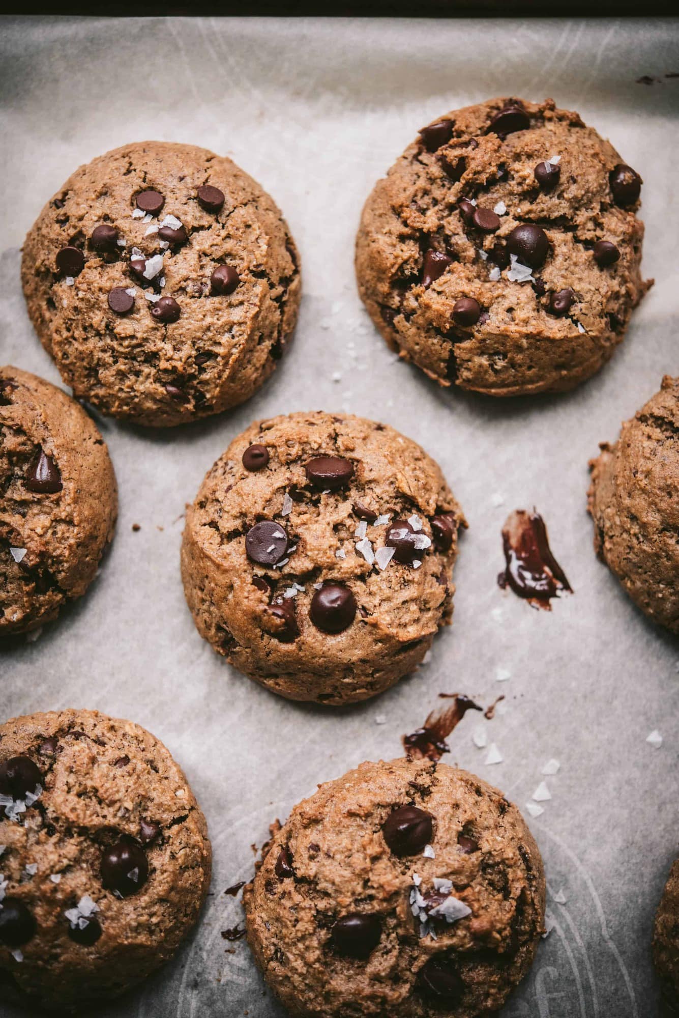 Overhead of vegan gluten free chocolate chip oatmeal cookies