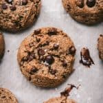 Close up overhead of vegan gluten free chocolate chip oatmeal cookies