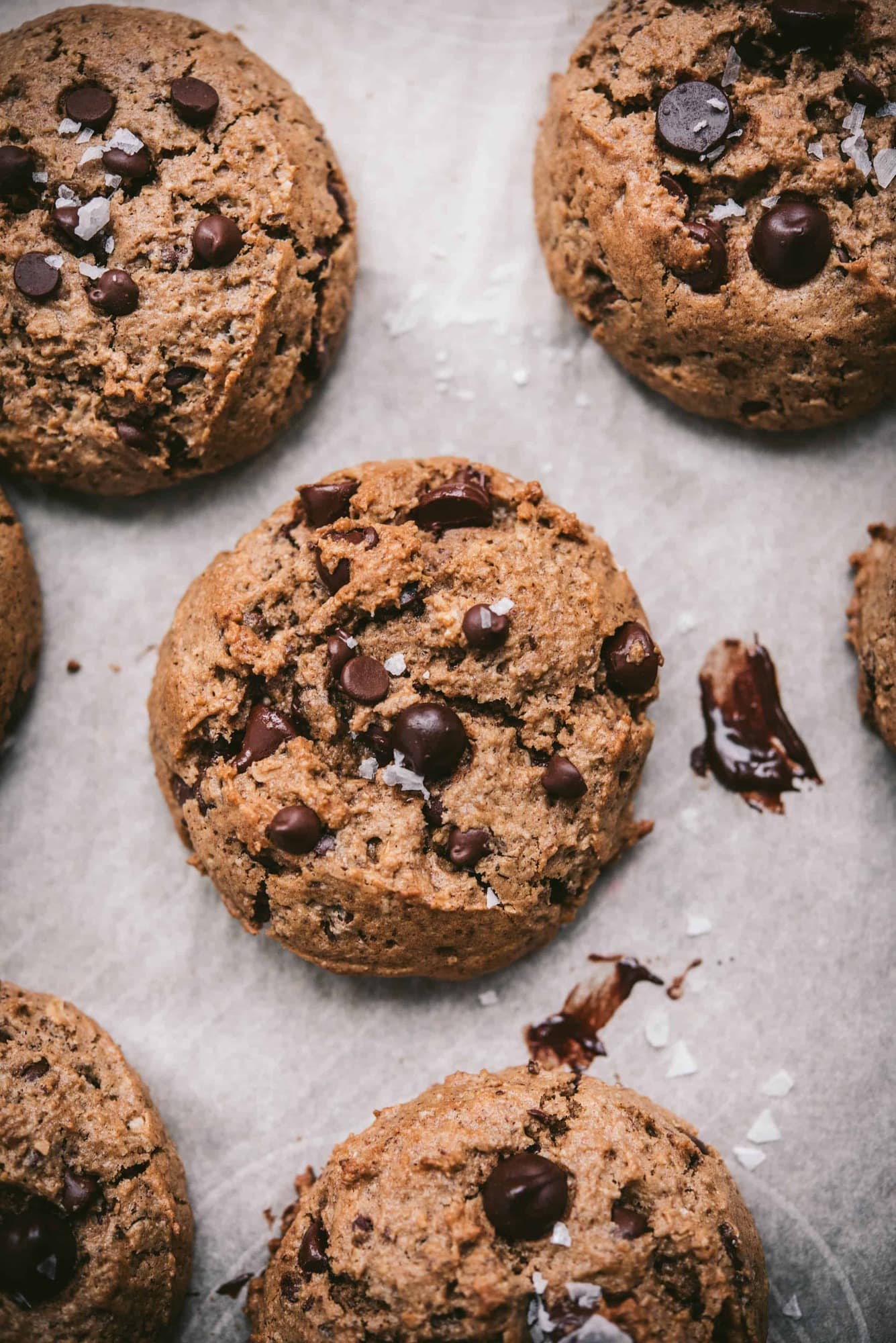 Close up overhead of vegan gluten free chocolate chip oatmeal cookies