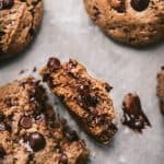 Overhead of inside of chocolate chip oatmeal cookie with melty chocolate chips