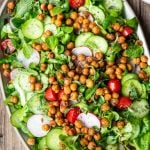 Overhead view of fattoush salad topped with za'atar crispy chickpeas