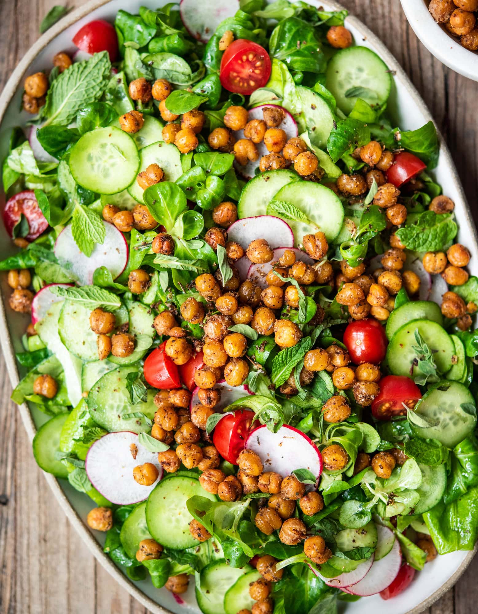 overhead view of fattoush salad with chickpeas