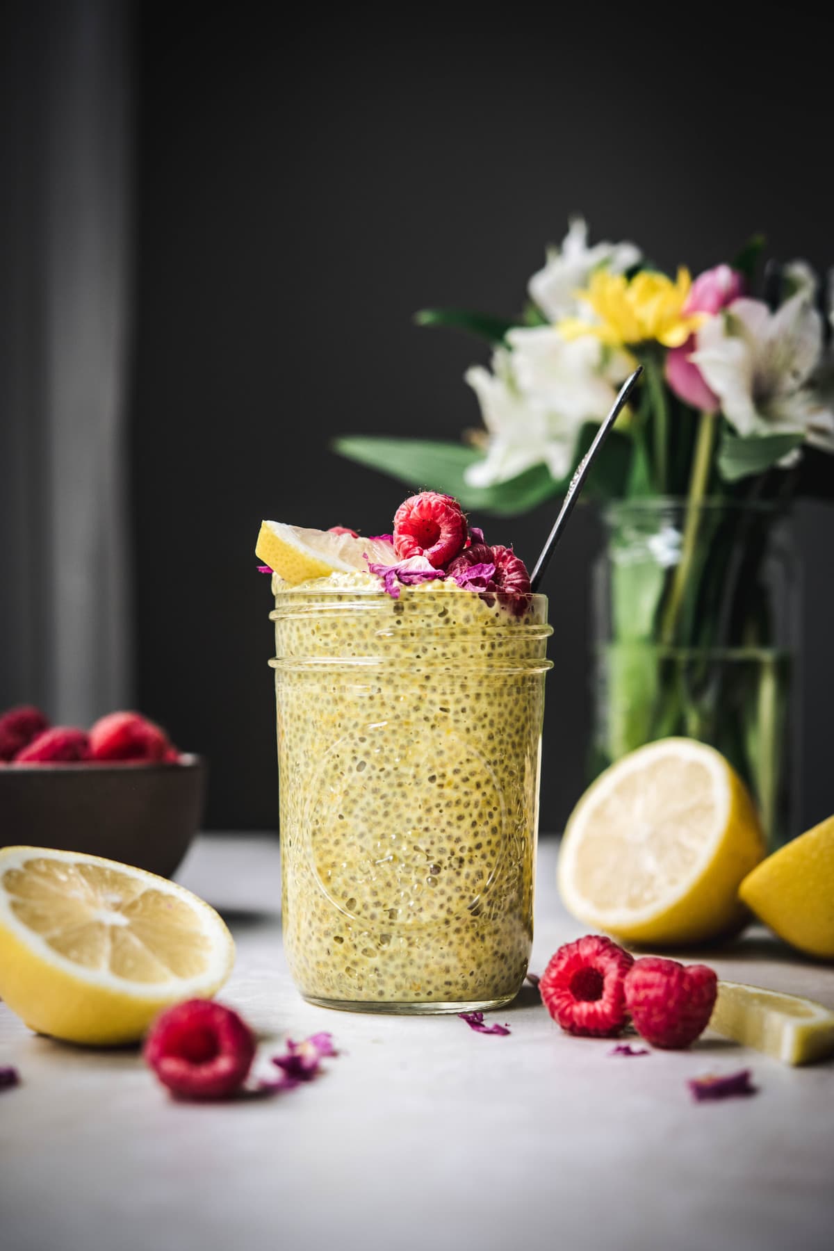 side view of lemon chia pudding in jar