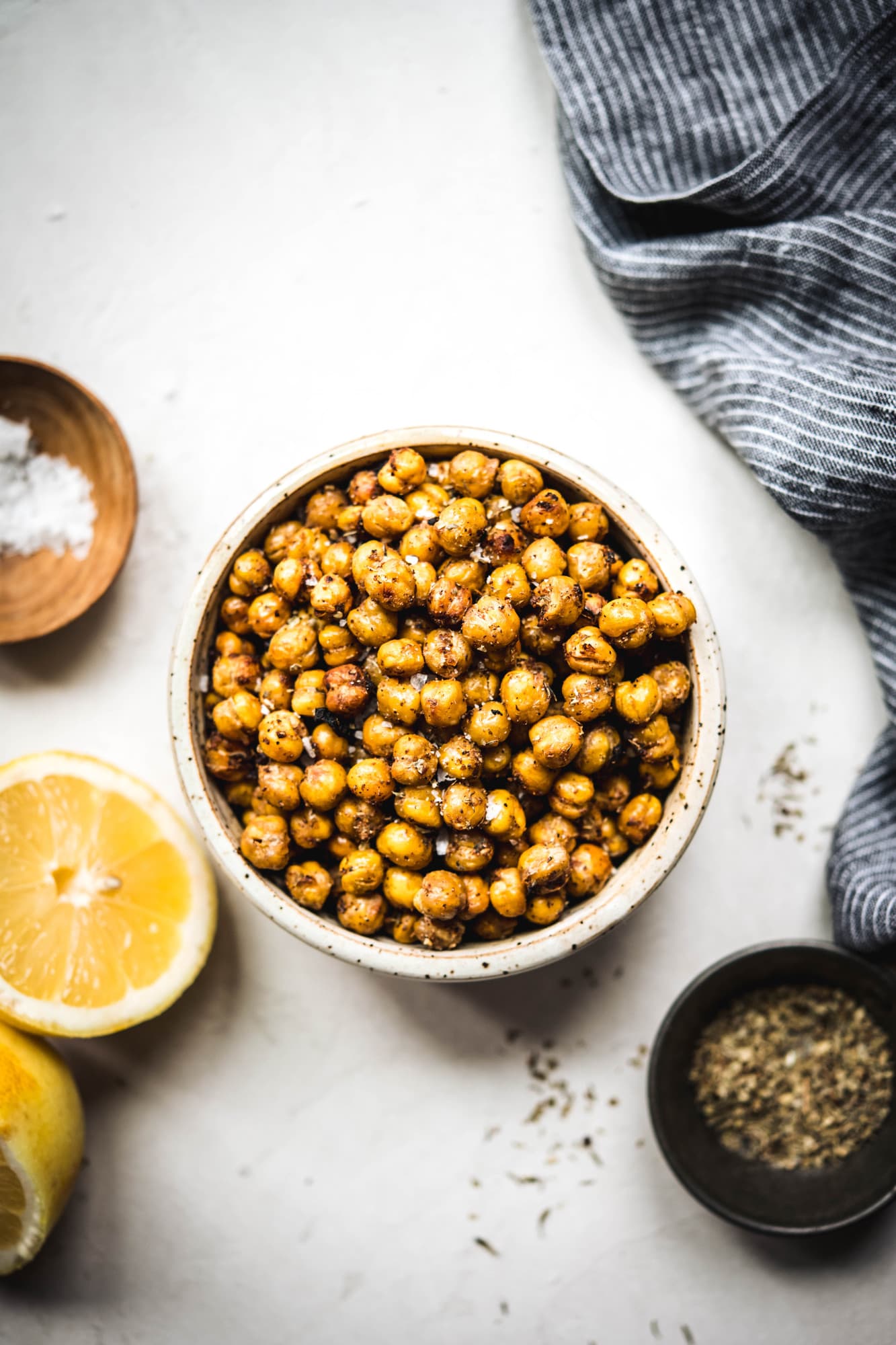 overhead of crispy za'atar chickpeas in a bowl
