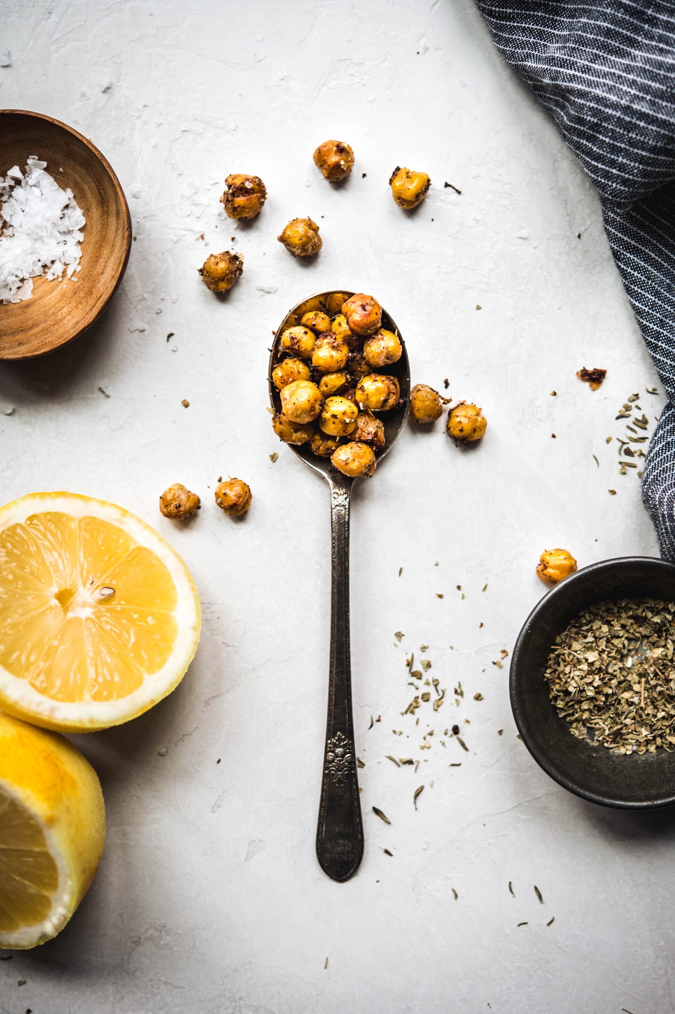 overhead view of crispy za'atar chickpeas on a spoon