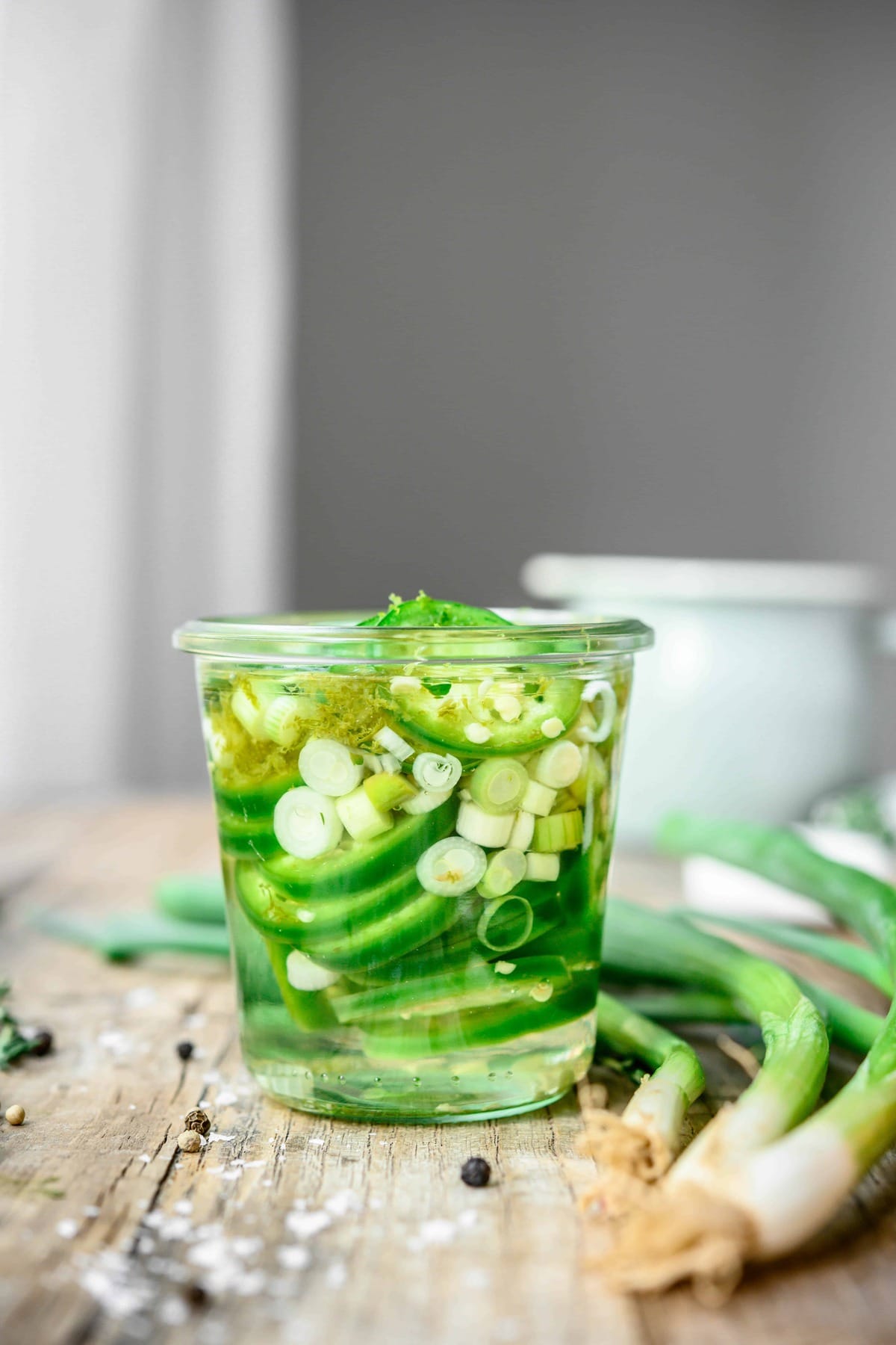 Side view of scallion jalapeño pickles 