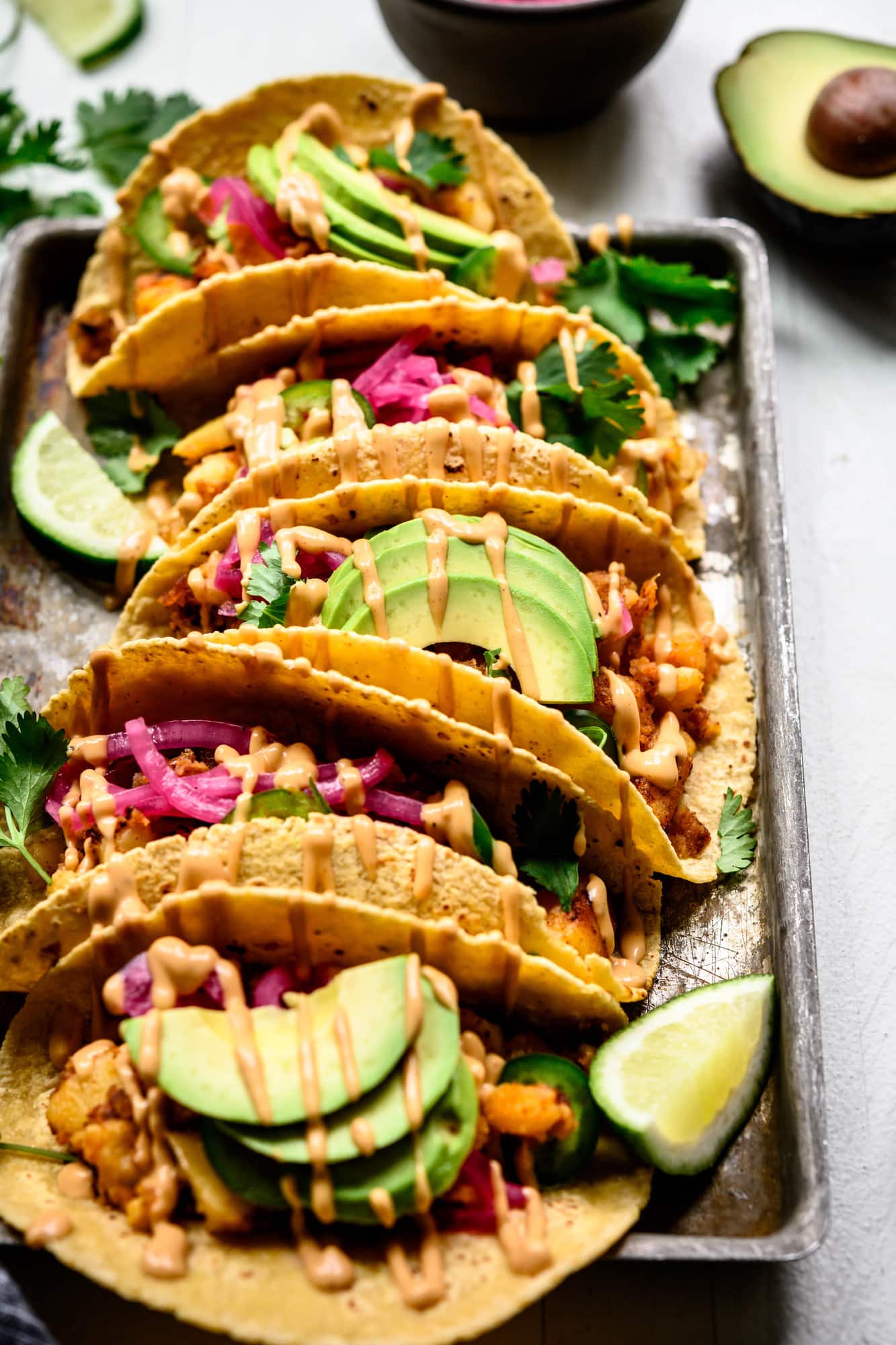 overhead view of vegan breakfast potato tacos