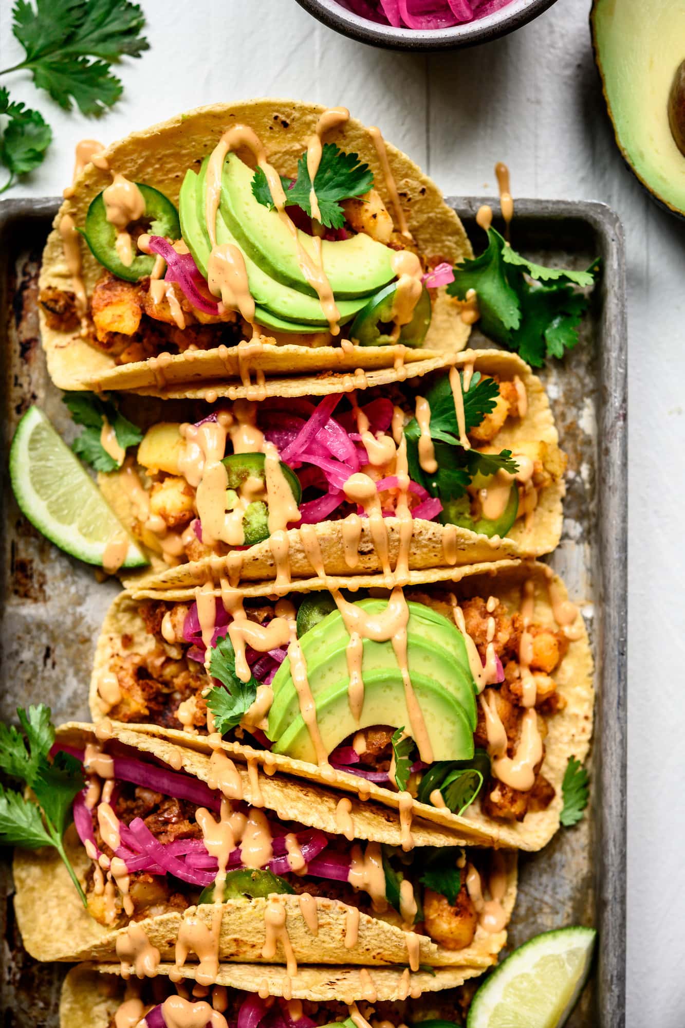 overhead view of vegan breakfast potato tacos