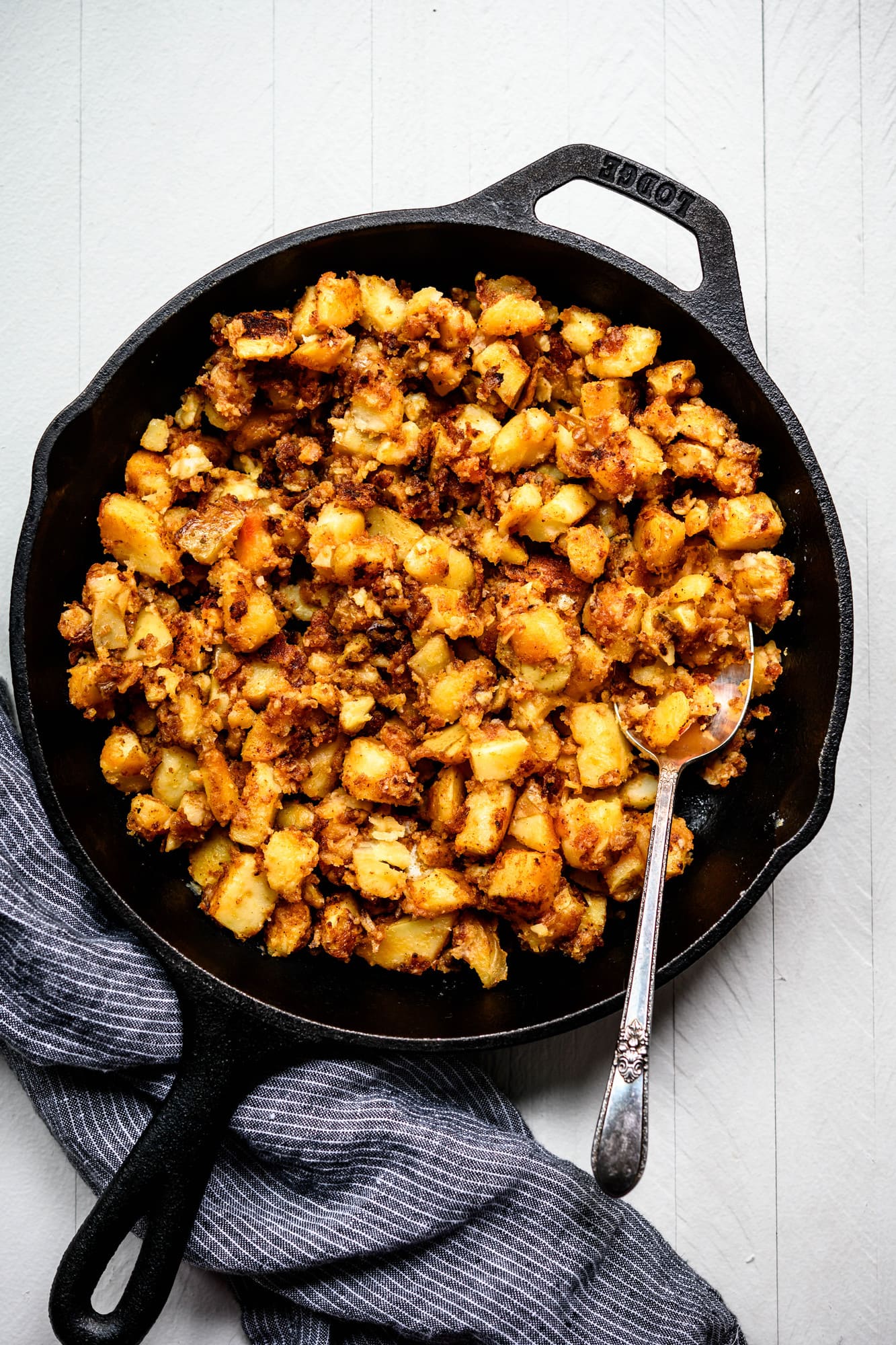 overhead view of breakfast potatoes in skillet