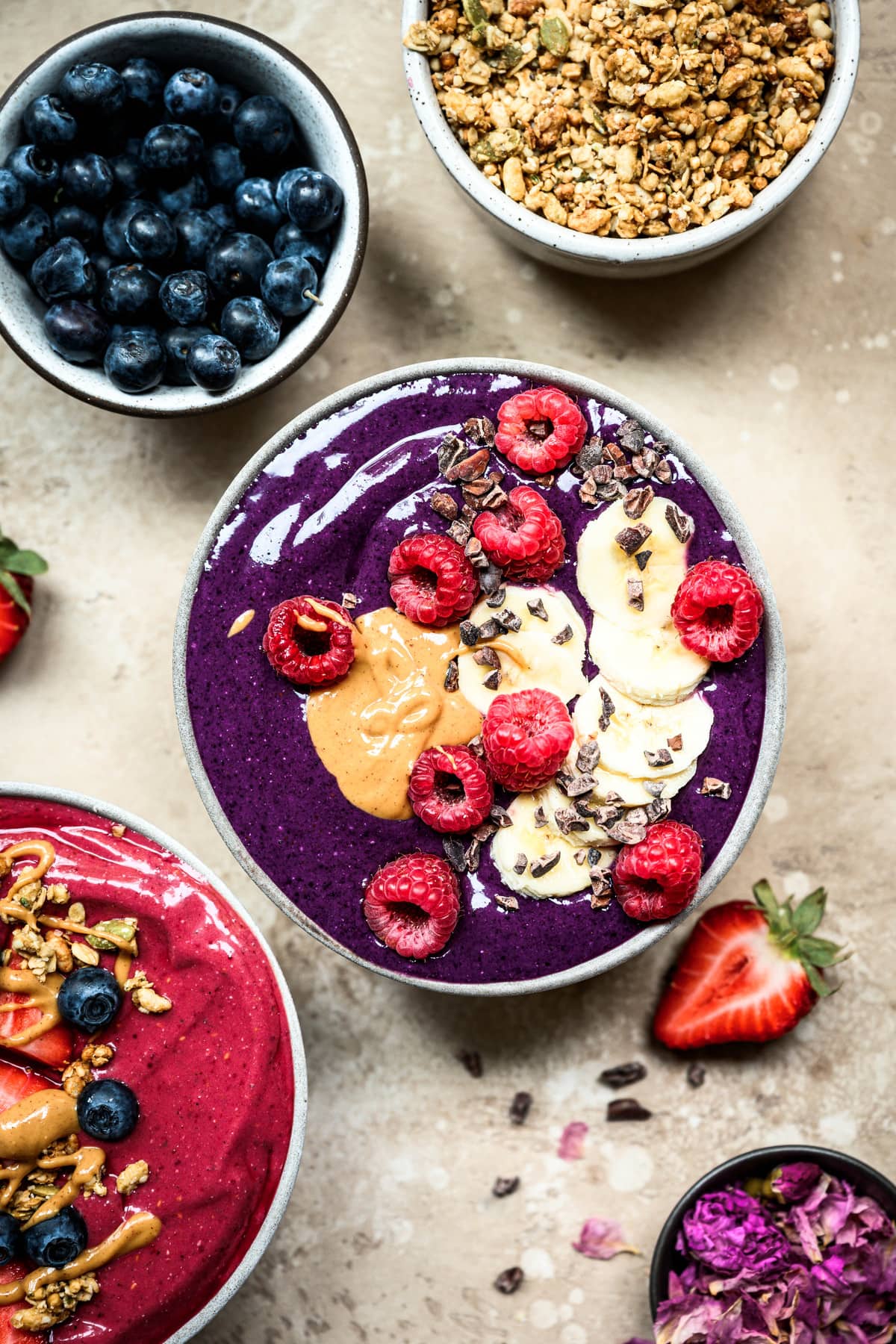 overhead view of blueberry smoothie bowl